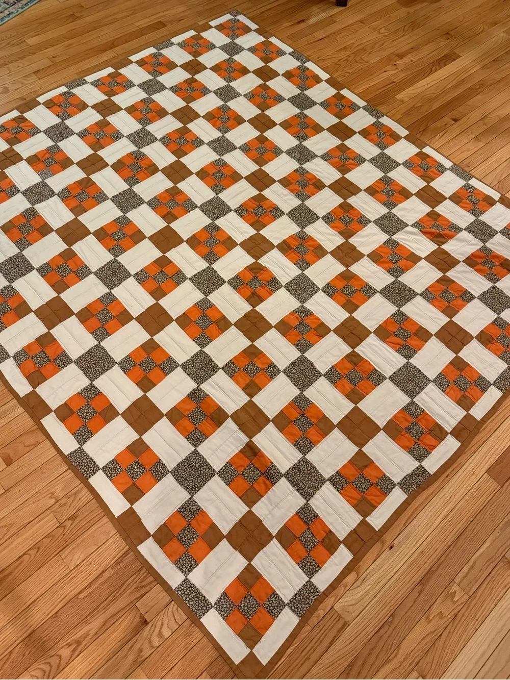 VTG Handmade Appalachian Granny Patchwork Quilt Cream, Orange & Brown 85 x 75